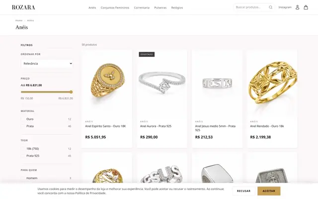 Categoria de anéis com filtros por material e teor