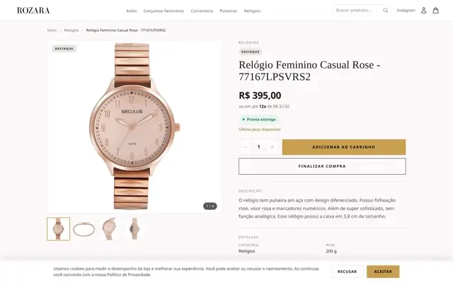 Página de produto com peso, preço e parcelamento